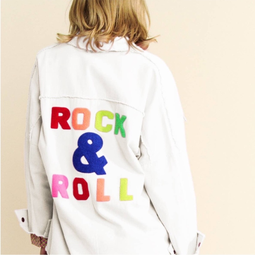 Davi & Dani White Rock & Roll Shacket Snap Button Jacket Colorful Puff Letters